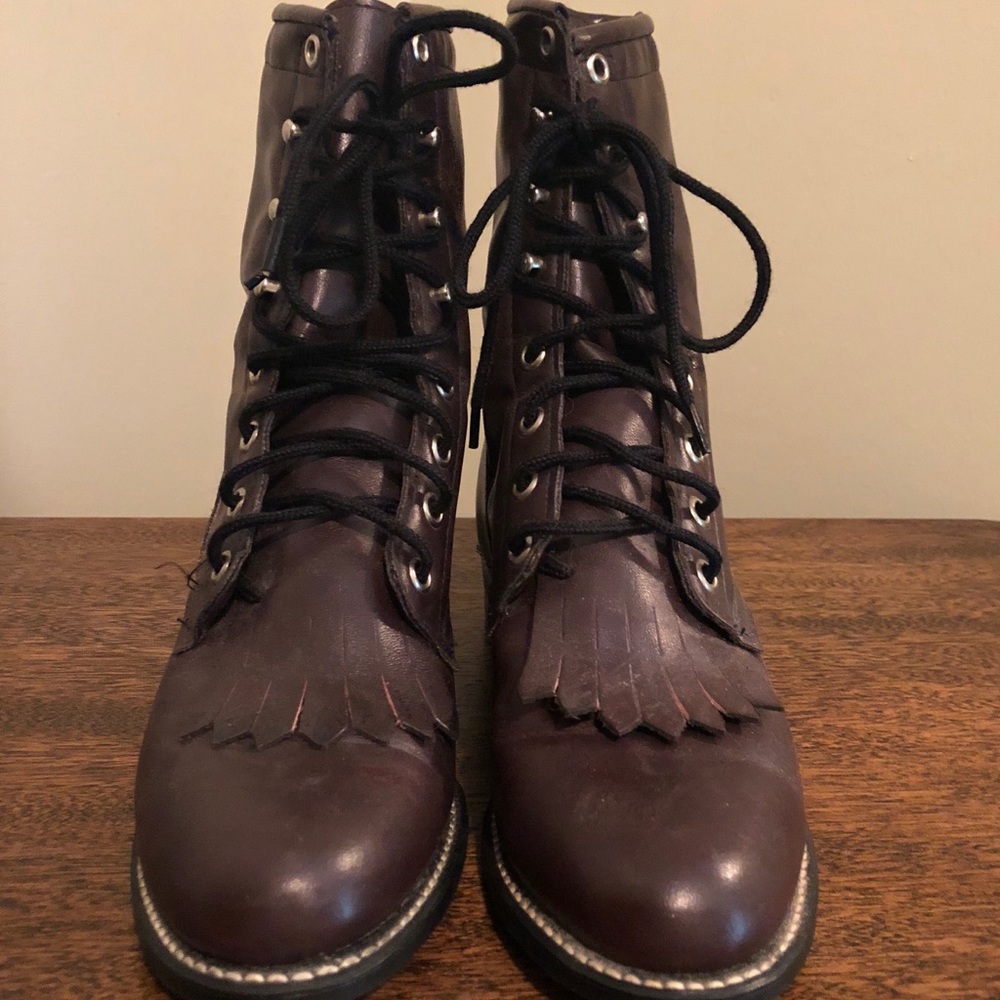 Fringe lace up leather ankle boots